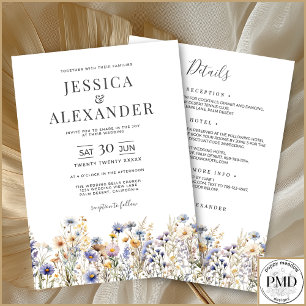Dusty Blue Wildflowers All In One Elegant Wedding Invitation