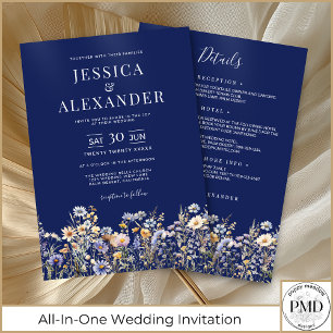 Dusty Blue Wildflowers All In One Navy Wedding Invitation