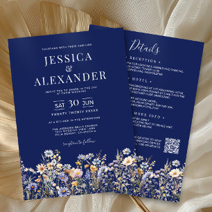 Dusty Blue Wildflowers All In One QR Navy Wedding Invitation