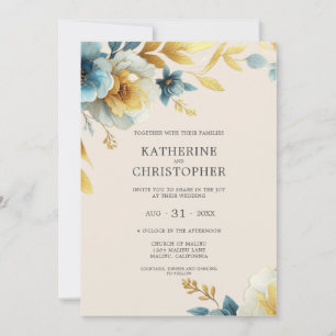 Dusty Blue Wildflowers Beige Elegant Wedding Invitation
