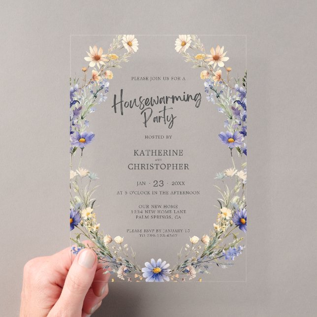 Dusty Blue Wildflowers Custom Housewarming Party Acrylic Invitations (Insitu (Handheld))