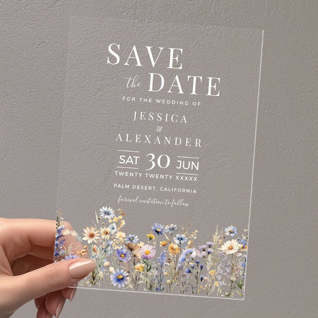 Dusty Blue Wildflowers Elegant Wedding Save Date Acrylic Invitations (Dusty Blue Wildflowers Elegant Wedding Save the Date Clear Acrylic Invitation with White Text.)