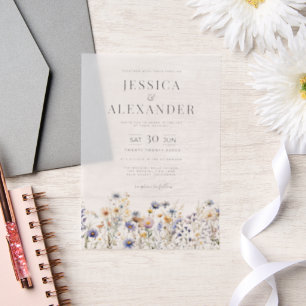 Dusty Blue Wildflowers Elegant Wedding Vellum Invitations