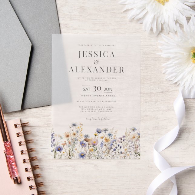 Dusty Blue Wildflowers Elegant Wedding Vellum Invitations (Wedding)