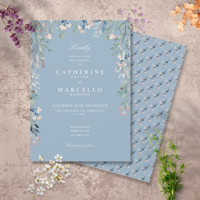 Dusty Blue Wildflowers Floral Greenery Wedding Invitation (Creator Uploaded)