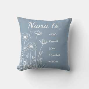 Dusty Blue Wildflowers Grandchildrens Names Nana Throw Pillow