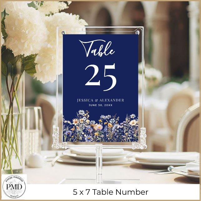 Dusty Blue Wildflowers Wedding 5x7 Table Number (Dusty Blue Wildflowers Wedding 5 x 7 Table Number with Navy Background, Couple Names, Wedding Date.
)