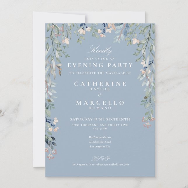 Dusty Blue Wildflowers Wedding Evening Party Invitation (Front)