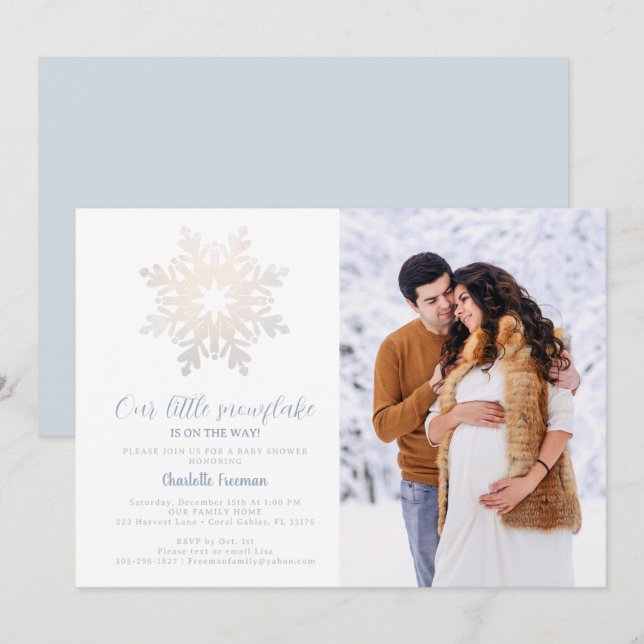 Dusty Blue Winter Baby Shower Photo Invite (Front/Back)