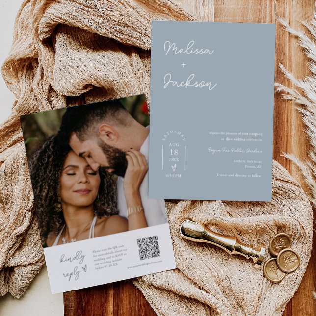Dusty Blue Winter Boho Minimalist Wedding QR Code Invitation (Creator Uploaded)