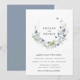 Dusty Blue Winter Botanical Wreath Wedding Invitation
