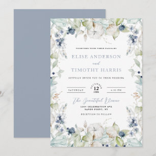 Dusty Blue Winter Floral Frame Wedding Invitation