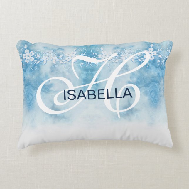 Dusty Blue Winter Script Calligraphy Monogram Accent Pillow (Front)