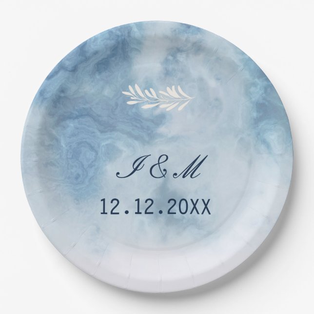 Dusty Blue Winter Script Calligraphy White Branch Paper Plate (Front)