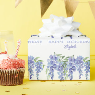 Dusty Blue Wisteria Floral Happy Birthday  Wrappin Wrapping Paper