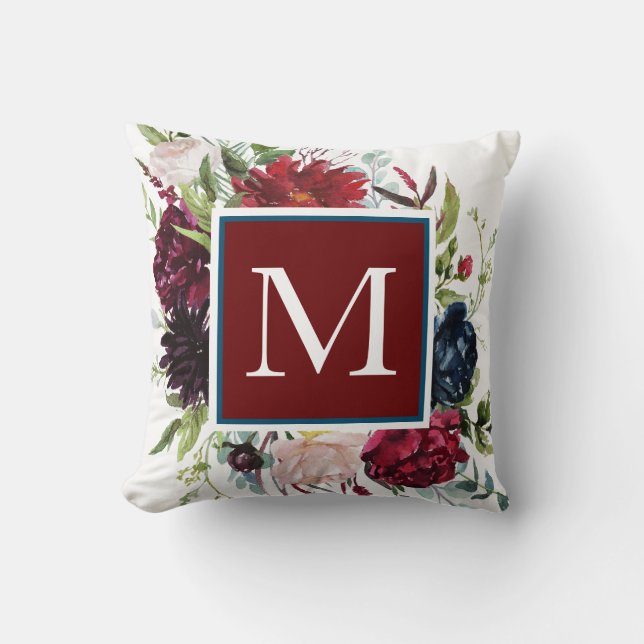 Dusty Blue with Burgundy Wine Floral Monogram Throw Pillow (Front)