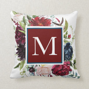 Dusty Blue with Burgundy Wine Floral Monogram Throw Pillow