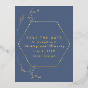 Dusty Blue with Gold Foil Save the Date Postcard