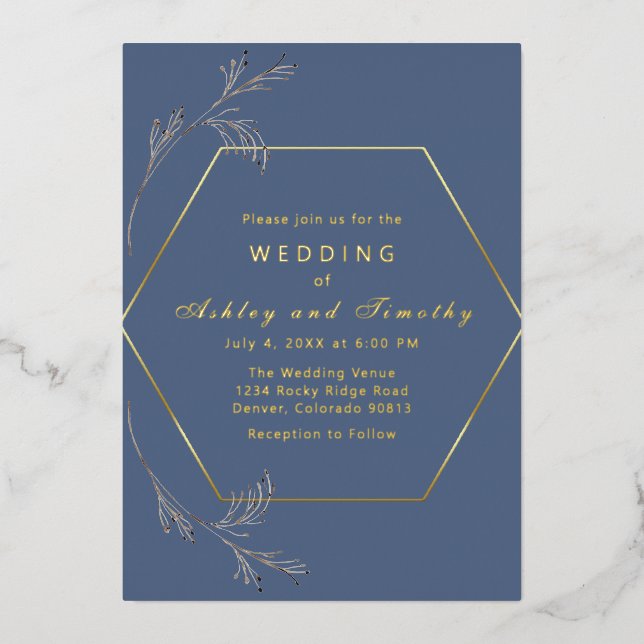 Dusty Blue with Gold Foil Wedding Invitation (Front)