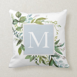 Dusty Blue with Greenery Monogram Throw Pillow