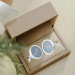 Dusty Blue with White Stylized Monogram Cufflinks<br><div class="desc">A pair of sterling silver plated, round cufflinks for the fashionable man to match his outfit that feature a trendy, dusty blue colour along with his name printed in white, upper case letters and superimposed with white, stylized initials. Personalize your cufflinks by editing and replacing name and initials as desired....</div>