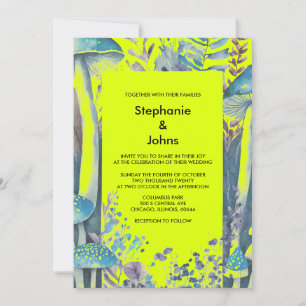 Dusty Blue Woodlands Mushroom Yellow Green Wedding Invitation