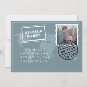Dusty Blue World Map Destination Wedding Photo Save The Date