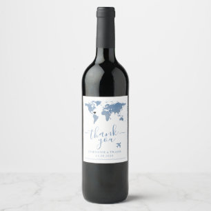 Dusty Blue World Travel Map with Moveable Heart Wine Label