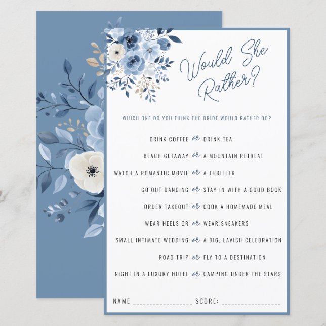 Dusty Blue Would She Rather Bridal Shower Game (Front/Back)