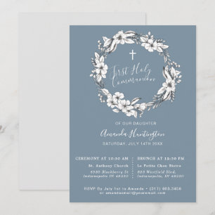 Dusty Blue Wreath First Holly Communion Invitation