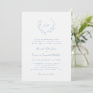 Dusty Blue Wreath Monogram Elegant Wedding Invitation