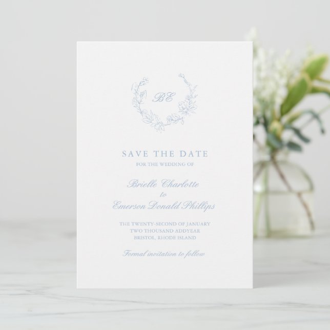 Dusty Blue Wreath Monogram Elegant Wedding Save The Date (Standing Front)