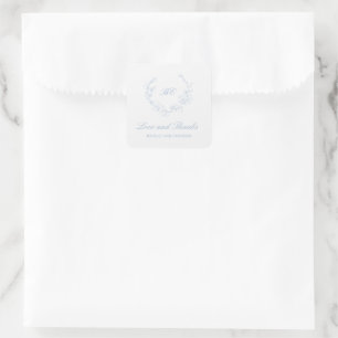Dusty Blue Wreath Monogram Elegant Wedding Square Sticker