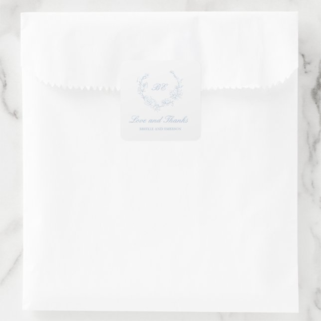 Dusty Blue Wreath Monogram Elegant Wedding Square Sticker (Bag)