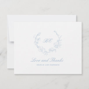 Dusty Blue Wreath Monogram Photo Elegant Wedding Thank You Card
