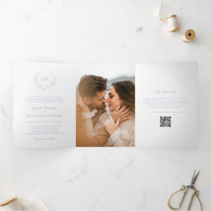 Dusty Blue Wreath Monogram QR Code Elegant Wedding Tri-Fold Invitation