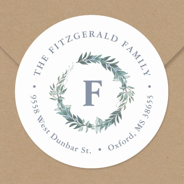 Dusty Blue Wreath Monogram Return Address Classic Round Sticker (Creator Uploaded)
