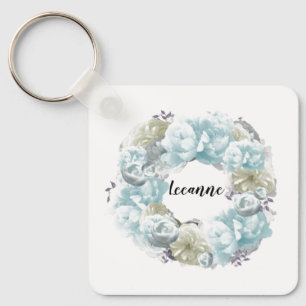 Dusty Blue Wreath Personalized Keychain