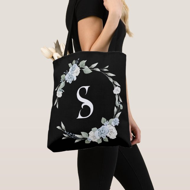 Dusty Blue Wreath Script Initial Monogram Black Tote Bag (Close Up)