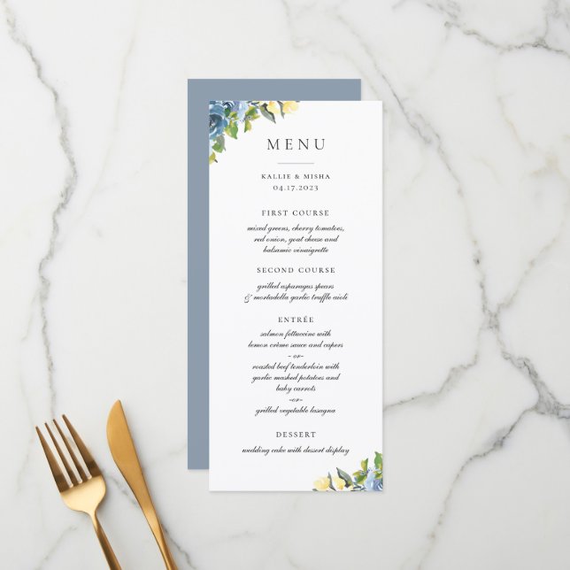 Dusty Blue Yellow Botanical  Menu (Front/Back In Situ)