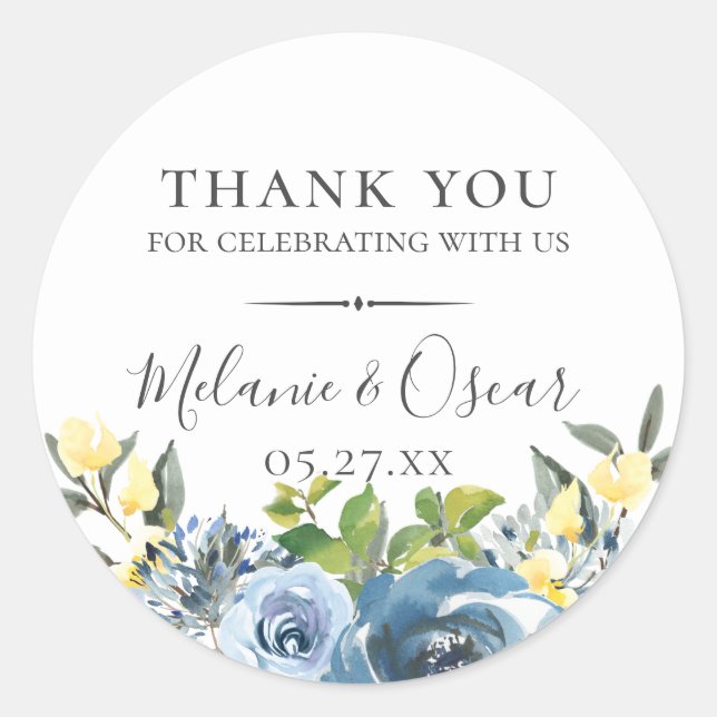 Dusty Blue Yellow Botanical Wedding Favour Classic Round Sticker (Front)