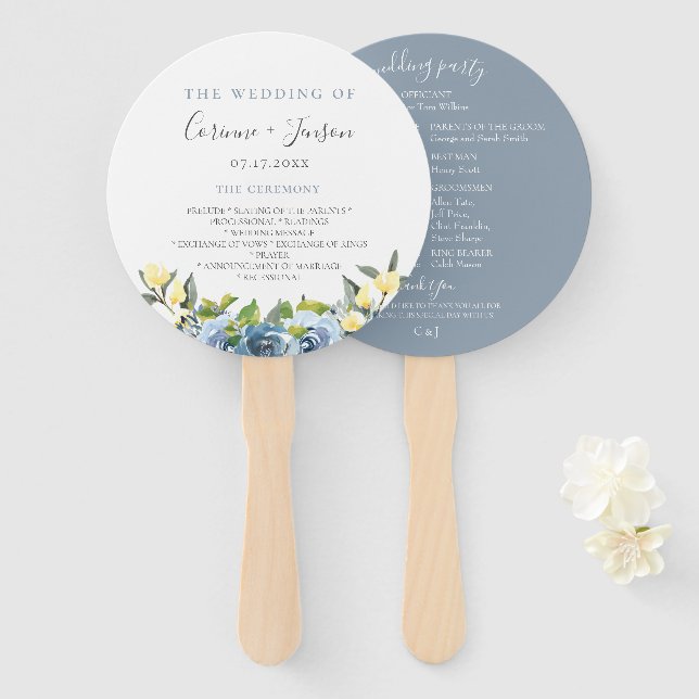 Dusty Blue Yellow Botanical Wedding Program Hand Fan (Front and Back)