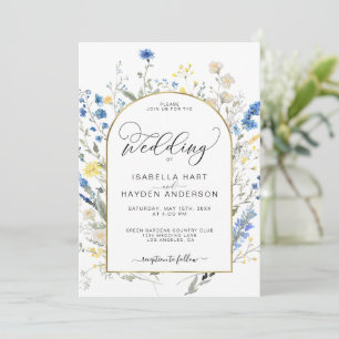 Dusty Blue Yellow Dainty Floral Botanical Wedding  Invitation