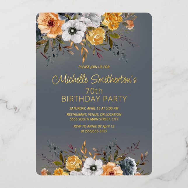 Dusty Blue Yellow Floral 70th Birthday (Front)