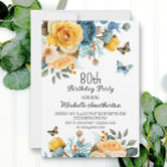 Dusty Blue Yellow Floral Butterflies 80th Birthday Invitation<br><div class="desc">80th birthday party invitation with beautiful dusty blue and yellow floral and butterflies. Contact me for assistance with your customizations or to request additional matching or coordinating Zazzle products for your celebration.</div>