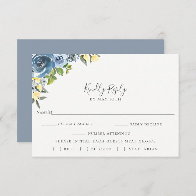 Dusty Blue Yellow Floral Wedding RSVP Meal Choice (Front/Back)