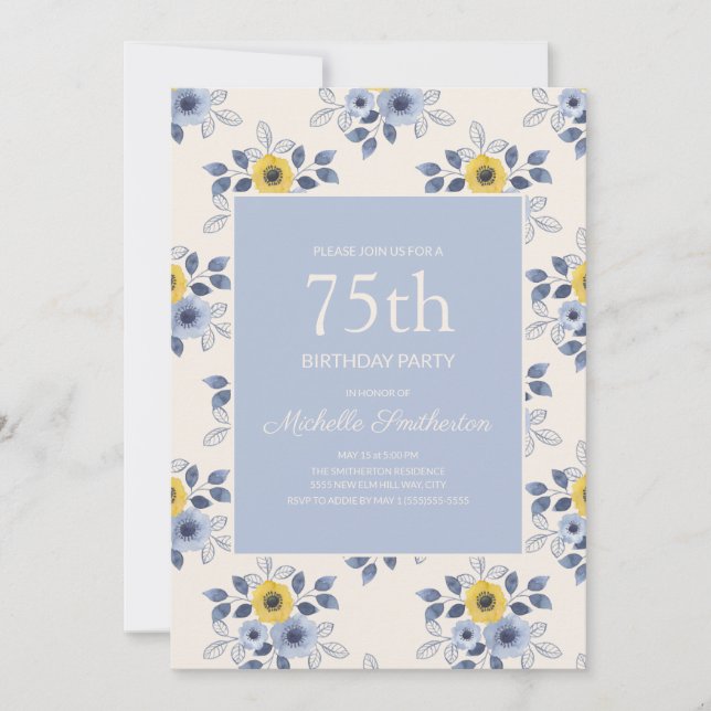 Dusty Blue Yellow Flowers White 75th Birthday Invitation (Front)