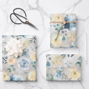 Dusty Blue & Yellow Peony Eucalyptus Floral Garden Wrapping Paper Sheet
