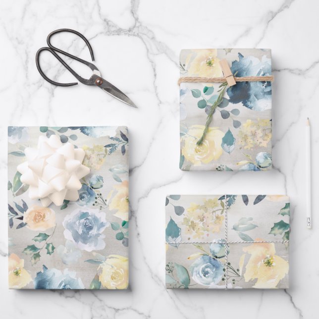 Dusty Blue & Yellow Peony Eucalyptus Floral Garden Wrapping Paper Sheet (Front)