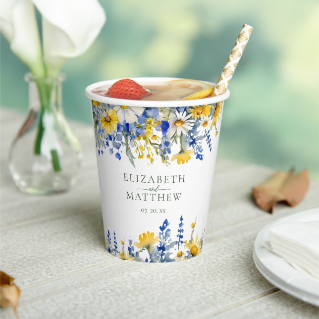 Dusty Blue Yellow Wildflowers Floral Boho Wedding Paper Cups (Insitu)